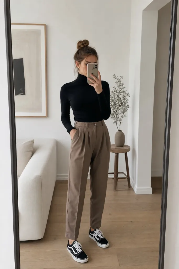 Fall Pants Outfits for Women 2026 Fitted Black Turtleneck With Tapered Taupe Trousers