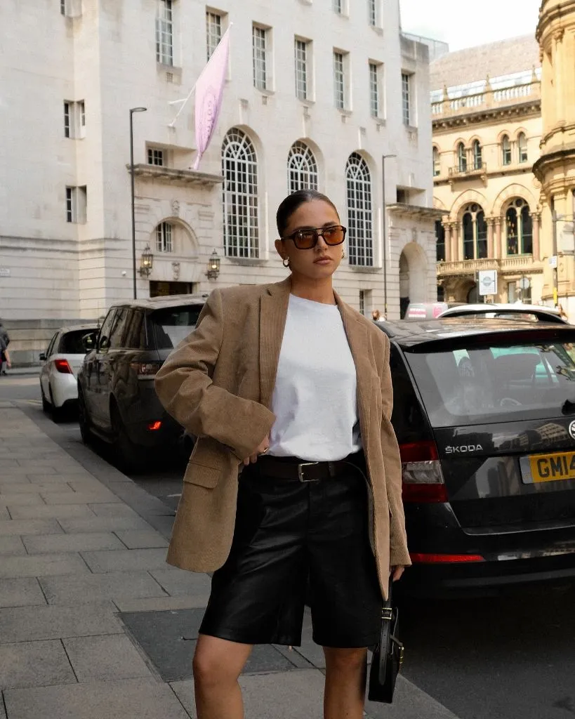 Fall Date Night Outfits 2026 Corduroy Blazer and Leather Bermudas for an Edgy Daytime Date