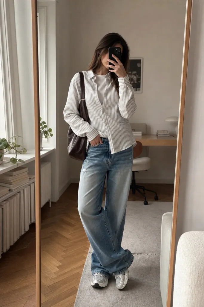 Back-to-School Outfits 2026 Striped Shirt and Wide-Leg Jeans With Mirror-Selfie Confidence