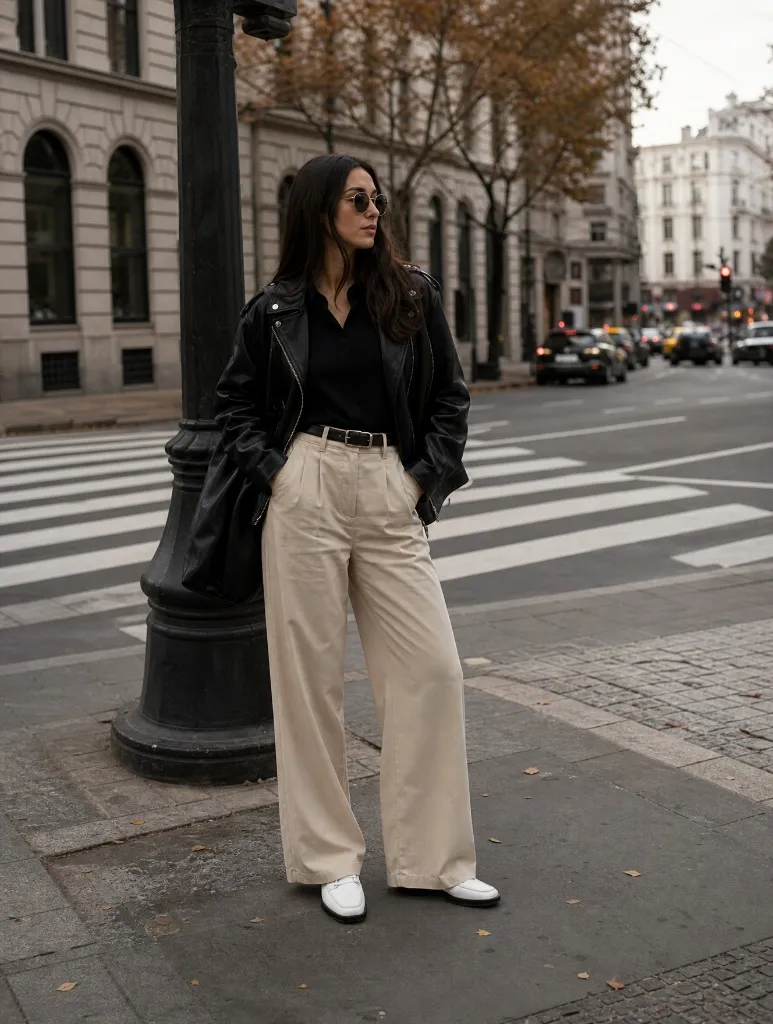 Fall Outfits with Pants 2026 Black Top With Cream Wide-Leg Pants and Leather Jacket