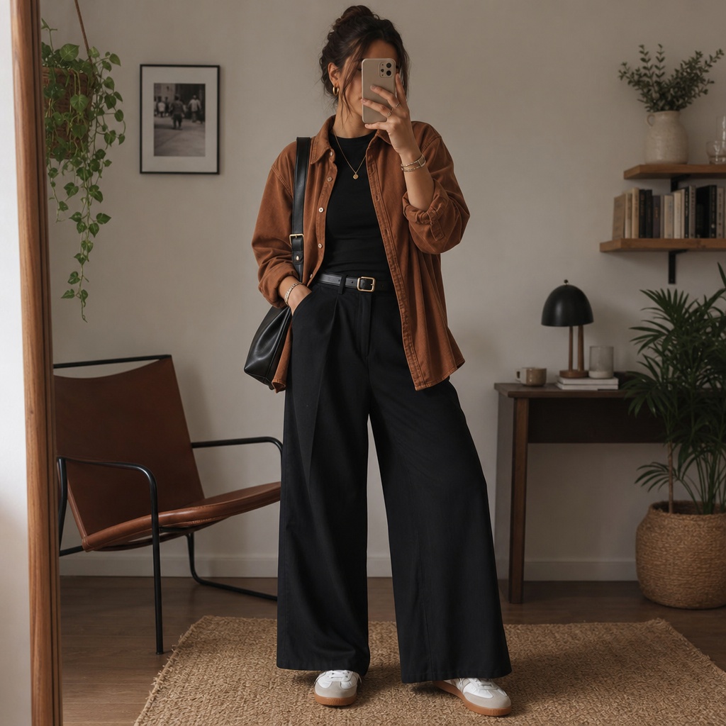 Fall Outfits with Jeans 2026 Rust Overshirt With Black Wide-Leg Trousers and Crossbody Bag