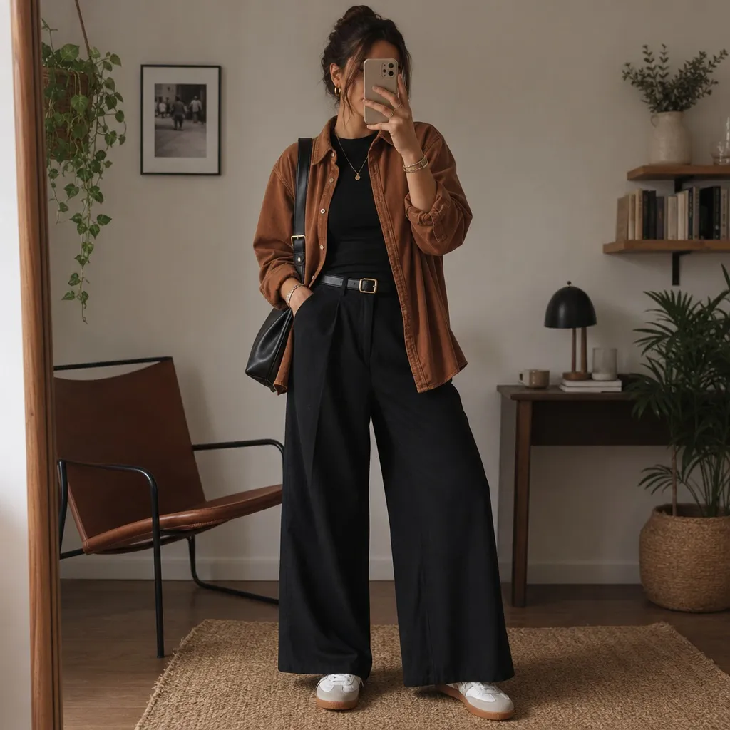 Fall Outfits with Jeans 2026 Rust Overshirt With Black Wide-Leg Trousers and Crossbody Bag
