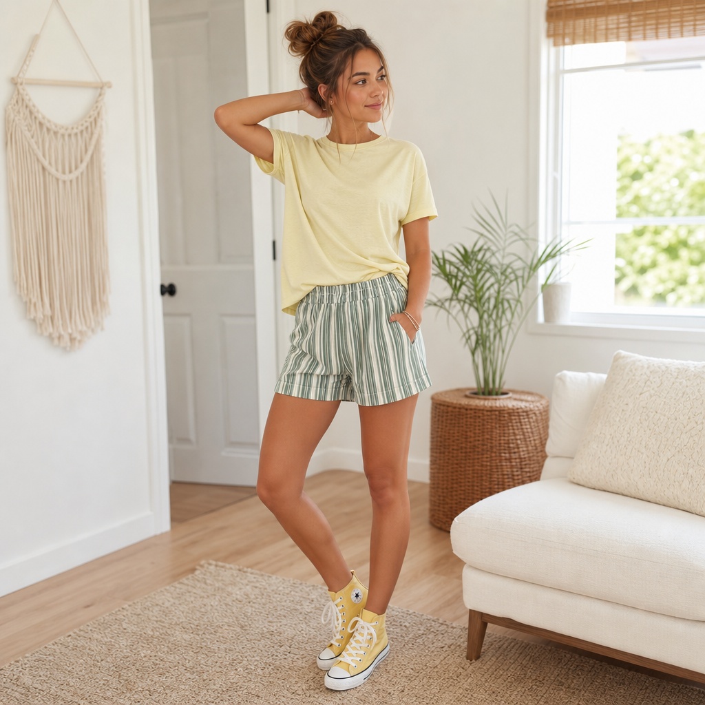 July 2026 Fashion Trends Pastel Yellow Tee and Striped Shorts With Playful Weekend Energy