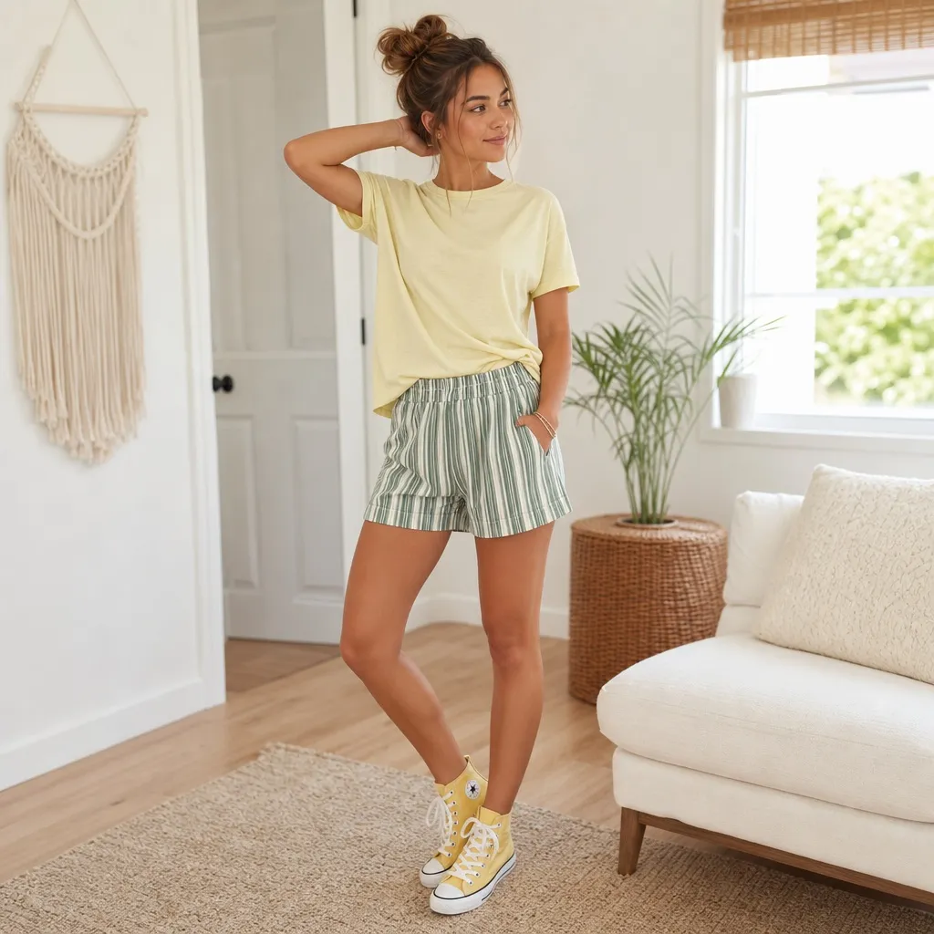 July 2026 Fashion Trends Pastel Yellow Tee and Striped Shorts With Playful Weekend Energy