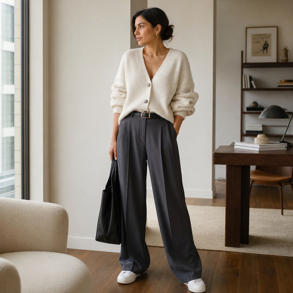 Fall Office Outfit Ideas for Women 2026 Cream Cardigan With Charcoal Wide-Leg Trousers