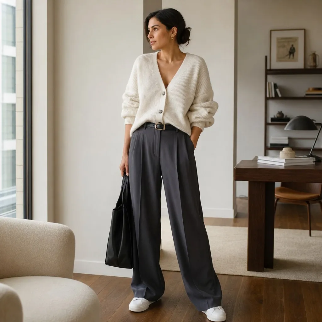 Fall Office Outfit Ideas for Women 2026 Cream Cardigan With Charcoal Wide-Leg Trousers