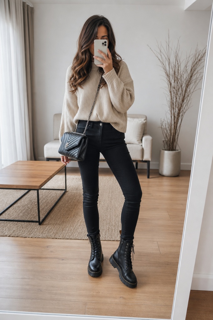 All Outfits with Boots 2026 Cream Sweater and Black Skinny Jeans for Lace-Up Boots