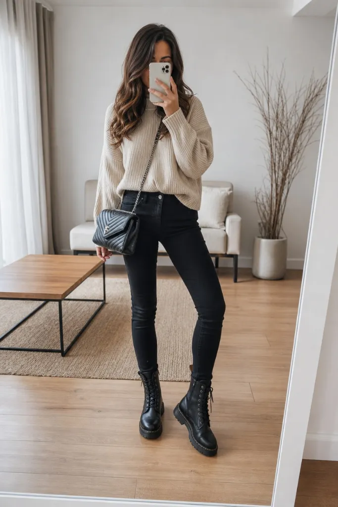 All Outfits with Boots 2026 Cream Sweater and Black Skinny Jeans for Lace-Up Boots