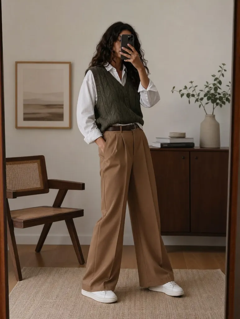 Fall Outfits with Pants 2026 Olive Cable-Knit Vest With White Shirt and Camel Trousers
