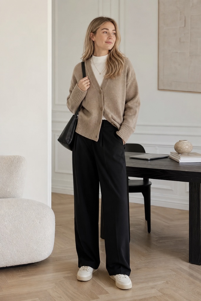 Casual Fall Work Outfits 2026 Taupe Cardigan Over White Tee With Black Wide-Leg Trousers for Cozy Sophistication