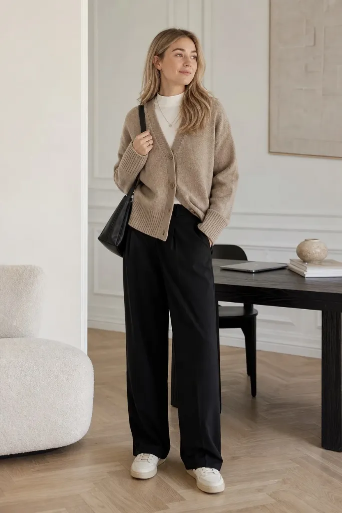 Casual Fall Work Outfits 2026 Taupe Cardigan Over White Tee With Black Wide-Leg Trousers for Cozy Sophistication