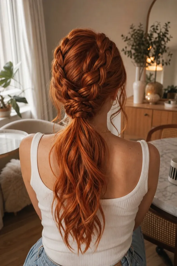 July Hair Color Ideas 2026 Copper French Braid With Bohemian Warmth