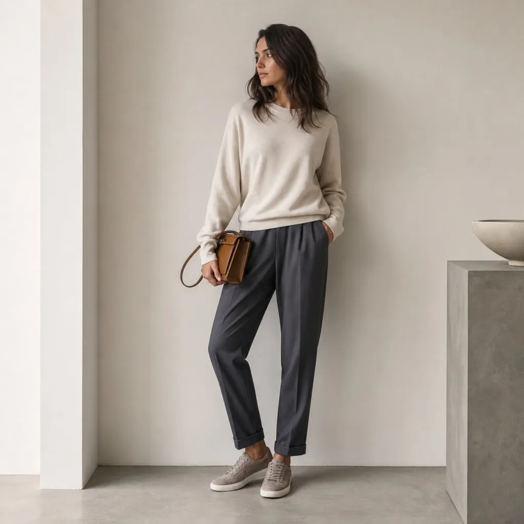 Fall Outfits with Pants 2026 Relaxed Cream Knit With Charcoal Tapered Trousers
