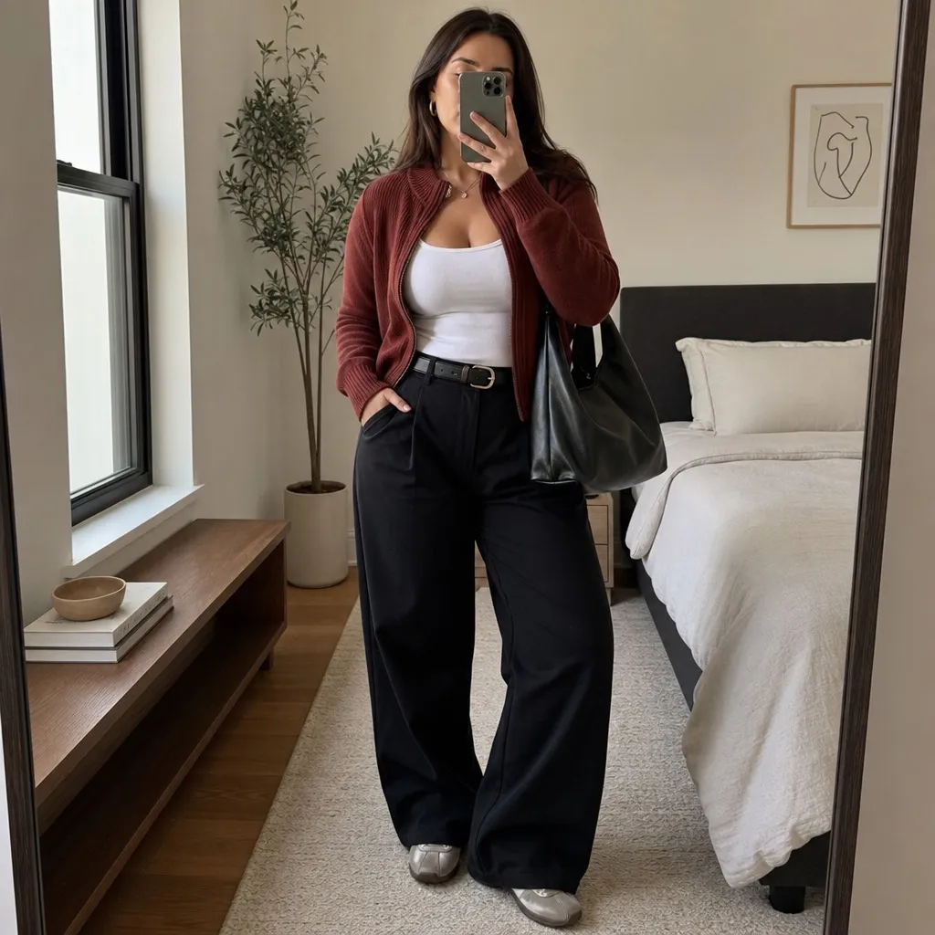 Fall Outfit Ideas for Big Busted Women 2026 Burgundy Zip Cardigan With Black Wide Trousers