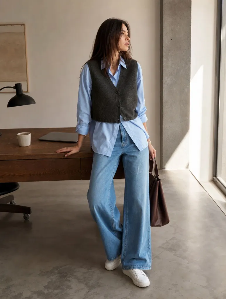Fall Outfits with Blues for Work 2026 Dark Olive Knit Vest Over Blue Shirt With Wide-Leg Jeans and Studio Calm