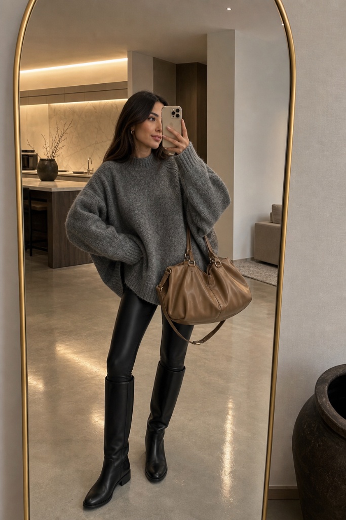 Fall Outfit Ideas with Leggings and Boots 2026 Grey Oversized Sweater With Leather-Legging Edge