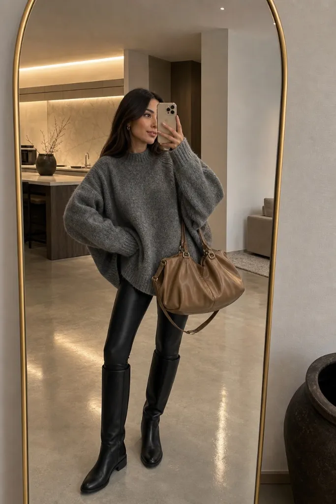 Fall Outfit Ideas with Leggings and Boots 2026 Grey Oversized Sweater With Leather-Legging Edge