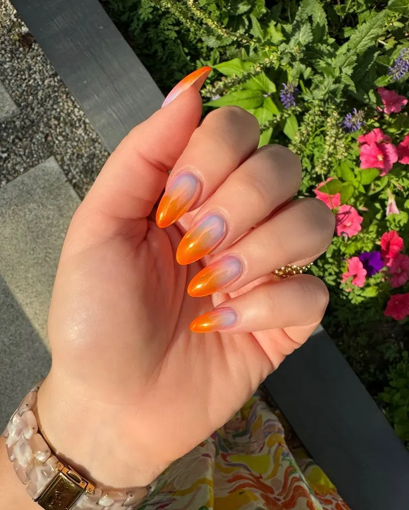 August Nails Color 2026 Chrome Orange Aura Nails for a High-Impact August Statement