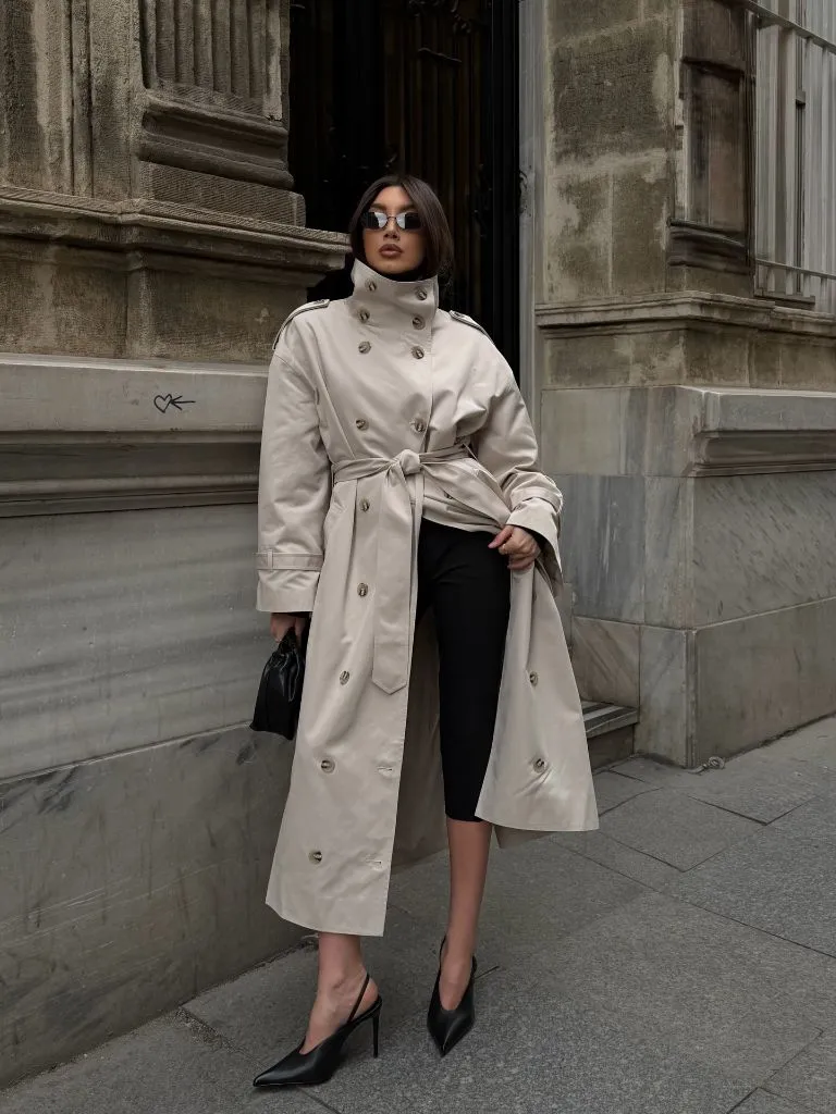 Coat Fall Outfits 2026 Belted Double-Breasted Trench With Pointed Slingbacks