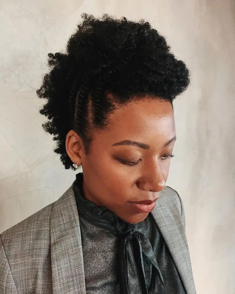 Fall Hair Colors for Black Women 2026 Textured Mohawk Updo with Cornrow Detail