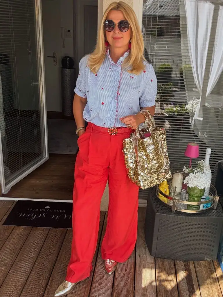 Midi Skirt Fall Outfit 2026 Cherry-Embroidered Blouse With Bold Red Wide-Leg Trousers