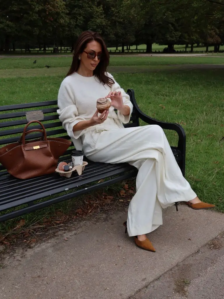 Fall Classy Outfits Women 2026 Ivory Knit and Wide-Leg Trousers for Slow Park Mornings