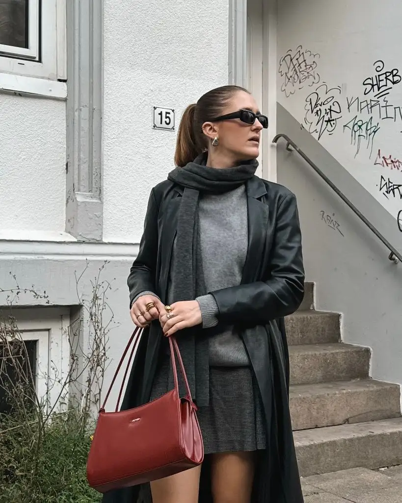 Early Fall Outfits 2026 Dark Leather Trench With Grey Knit Layers for Overcast Days
