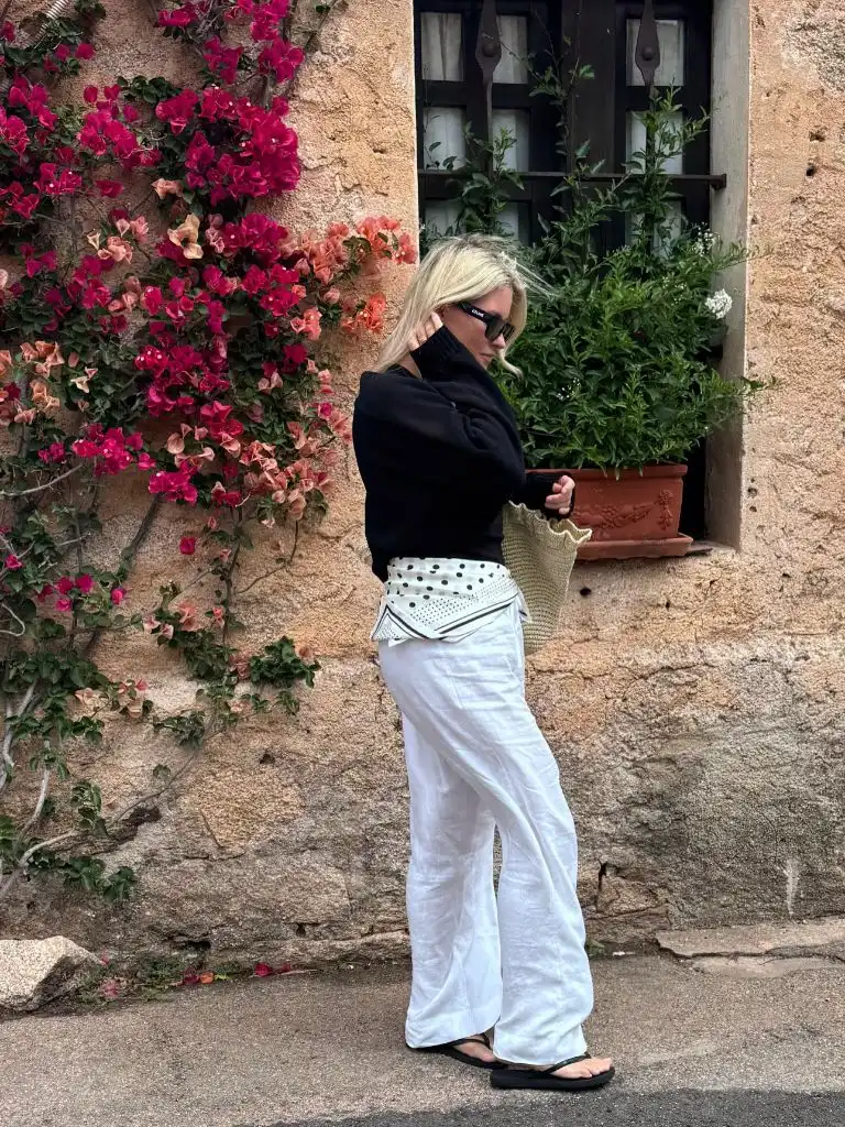 Fall Sweater Dress Outfits 2026 Black Knit and White Linen With a Polka Dot Bandana for Mediterranean Fall