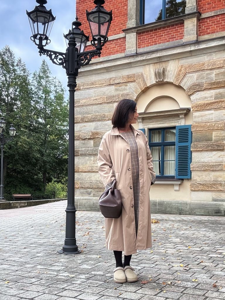 Early Fall Outfits 2026 Classic Beige Trench With Plaid Dress and Platform Mules