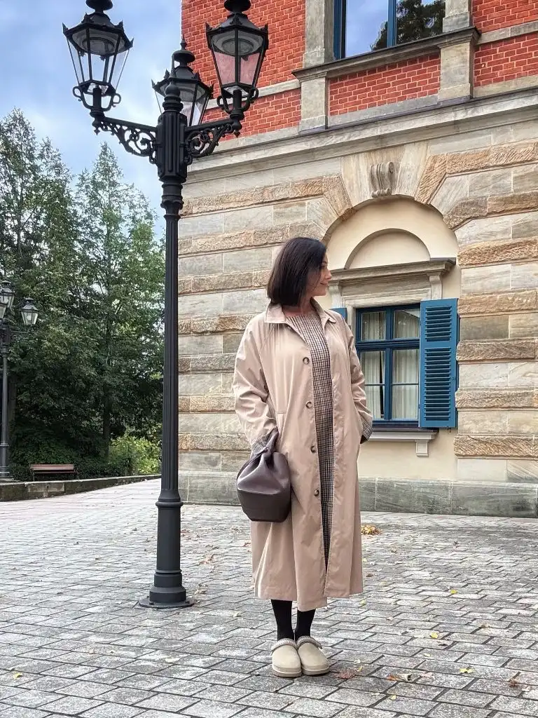 Early Fall Outfits 2026 Classic Beige Trench With Plaid Dress and Platform Mules