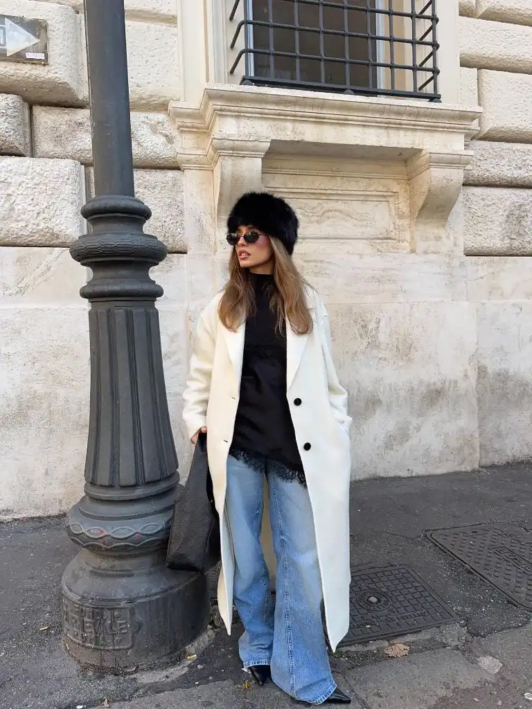 Fall Professional Outfits Women 2026 Ivory Coat With Wide-Leg Denim And Fur Hat