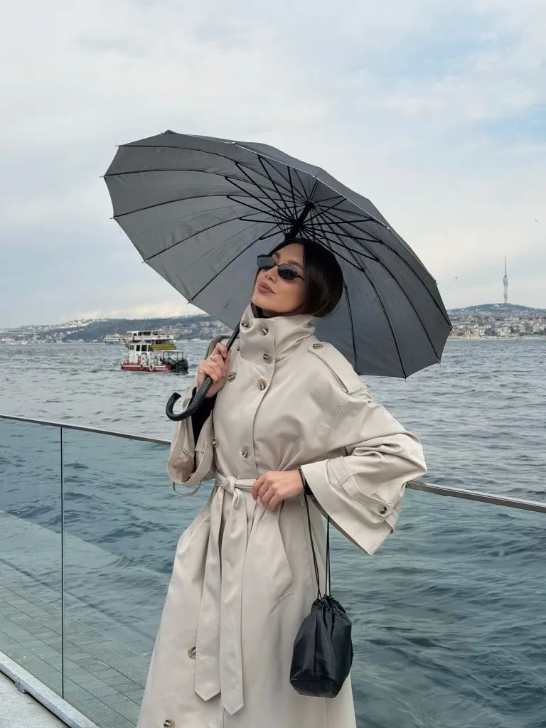 Coat Fall Outfits 2026 Buttoned-Up Trench With Dramatic Collar by the Water