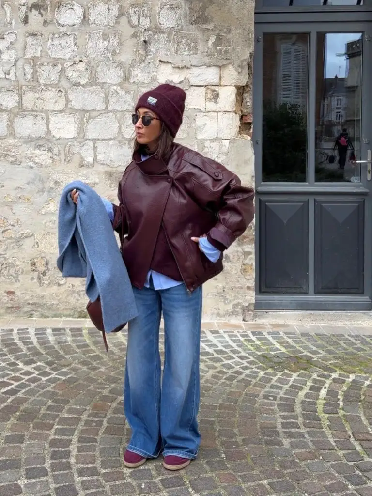 Fall Outfits for 2026 Burgundy Leather Jacket With Layered Fall Warmth