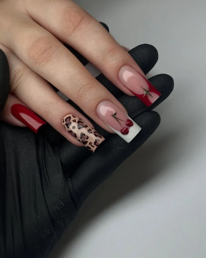 August Nails Ideas 2026 Red and Leopard Square Nails With Cherry Art for a Bold Mix