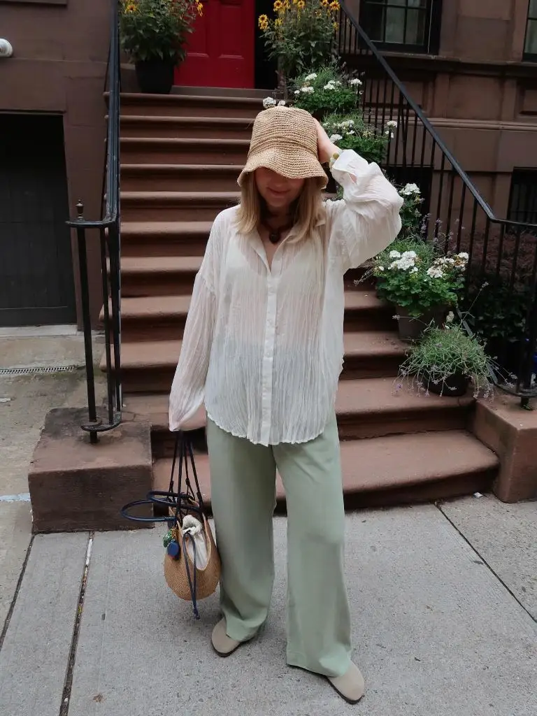 August Outfits 2026 Sheer Cream Blouse With Sage Trousers for Brooklyn Walking