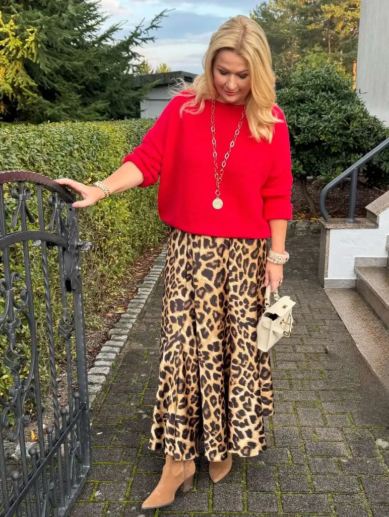 Midi Skirt Fall Outfit 2026 Red Sweater With Leopard Print Maxi Skirt And Suede Boots