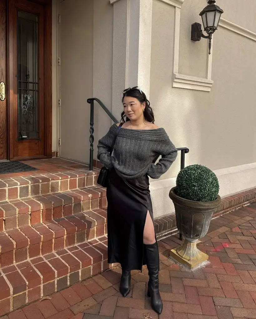 Midi Skirt Fall Outfit 2026 Grey Off-Shoulder Sweater With Black Satin Slit Midi Skirt