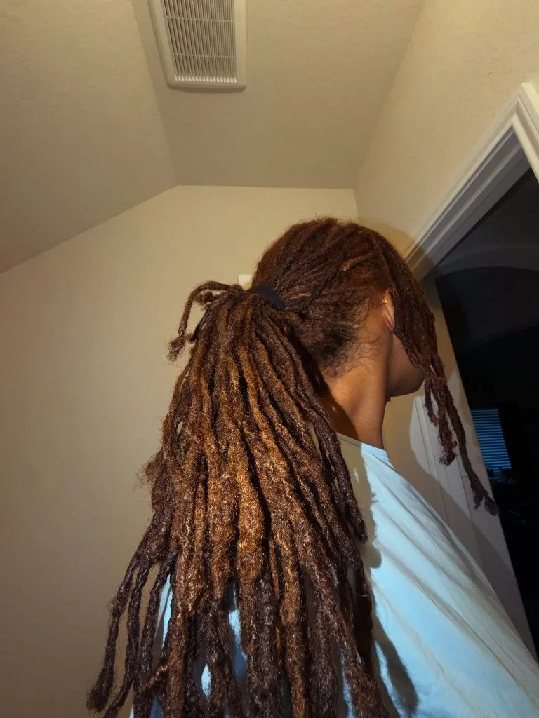 Locs Hairstyles for Black Women 2026 Golden-Brown Locs in a High Ponytail with Natural Length