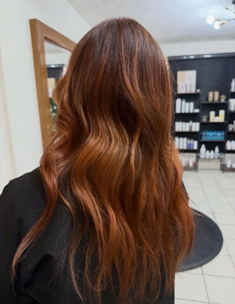 Fall Medium Haircuts 2026 Rich Copper Balayage Waves With Auburn Depth