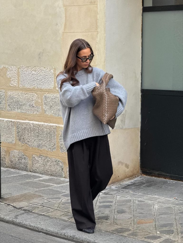 Fall Outfits for 2026 Grey Oversized Sweater With Draped Black Trousers