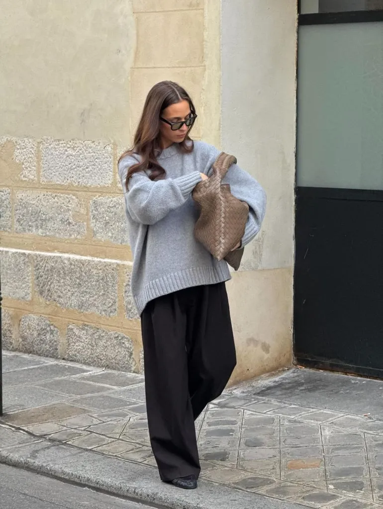 Fall Outfits for 2026 Grey Oversized Sweater With Draped Black Trousers