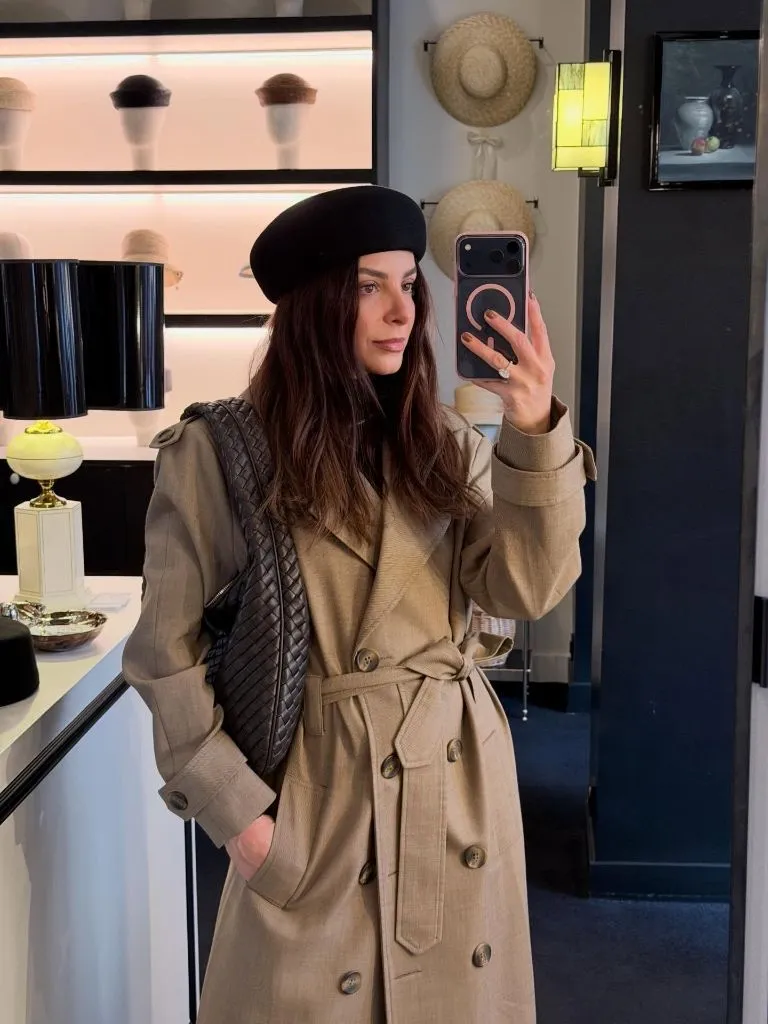Coat Fall Outfits 2026 Parisian Trench With Black Beret and Woven Bag