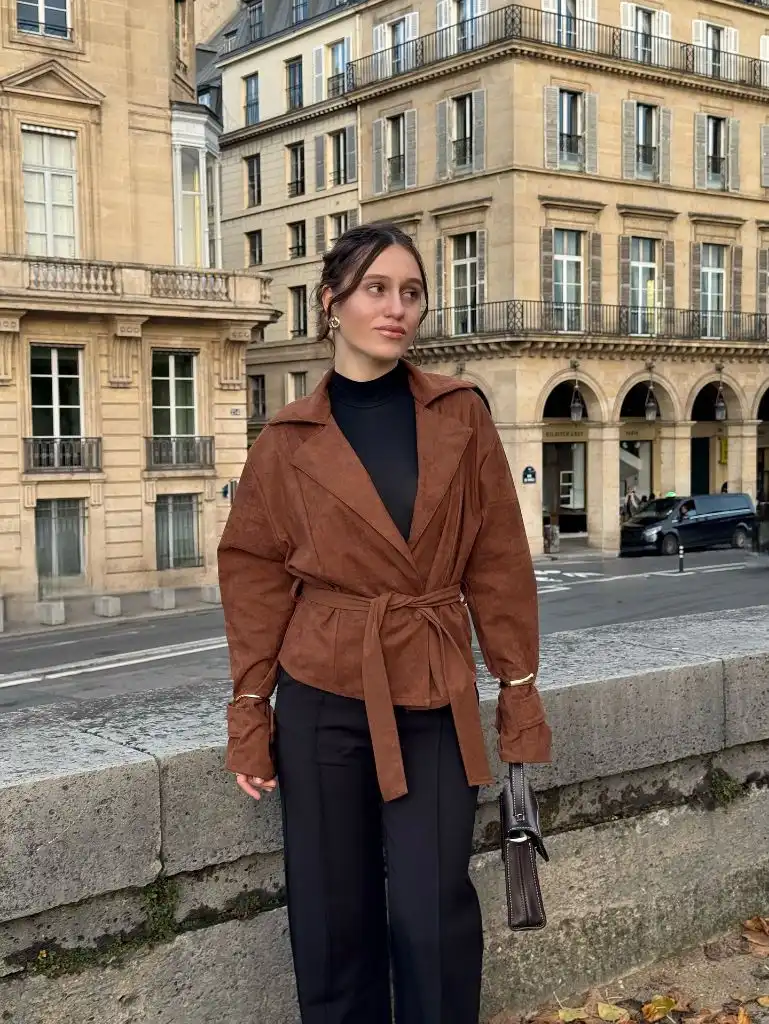 What Are the Best Fall Outfits for Casual Days 2026 Rust Suede Wrap Jacket On A Paris Bridge