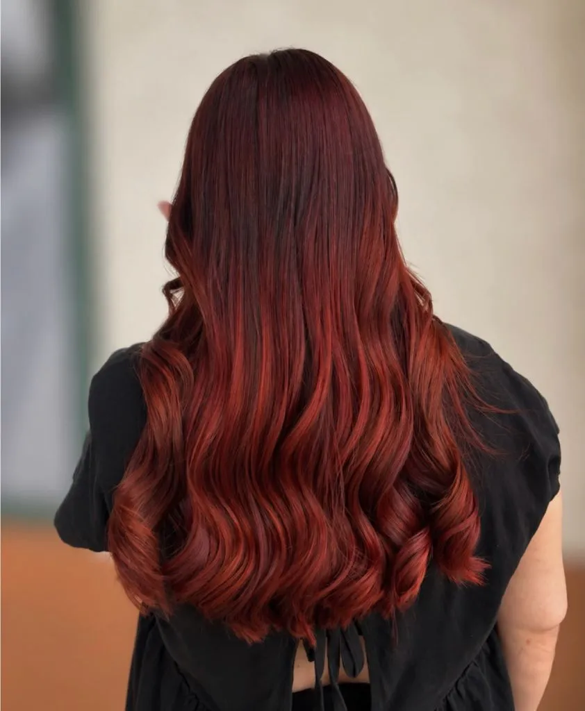 Fall Medium Haircuts 2026 Deep Cherry Red Waves With a Dark Root Transition