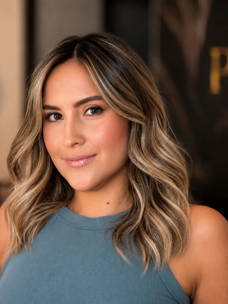Fall Medium Haircuts 2026 Brunette Balayage Waves With Warm Caramel Dimension