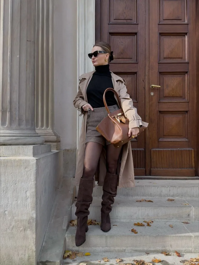 Early Fall Outfits 2026 Beige Trench With Tweed Shorts and Slouchy Suede Boots