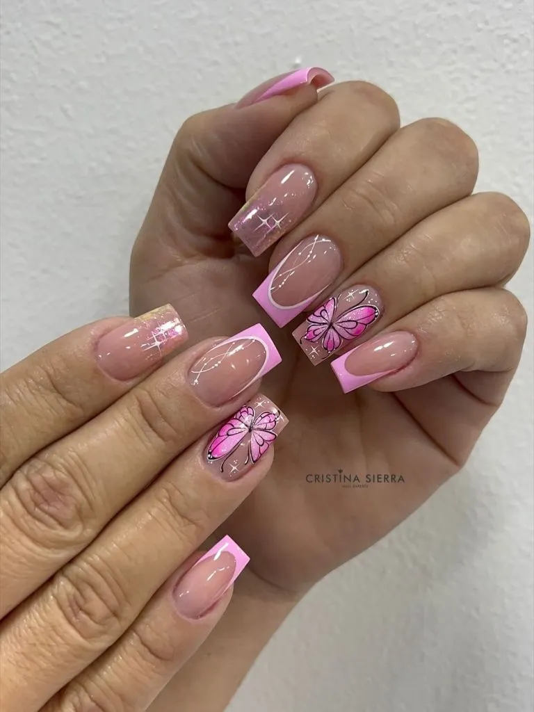 August Nails Color 2026 Pink Butterfly French Tip Nails for a Girly August Moment