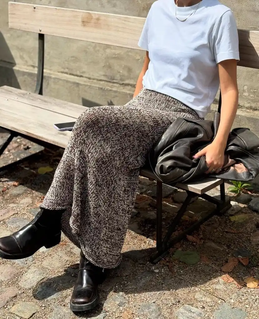Knit Skirt Outfits Fall 2026 Marled Knit Maxi Skirt With Leather Boots for Easy Weekends