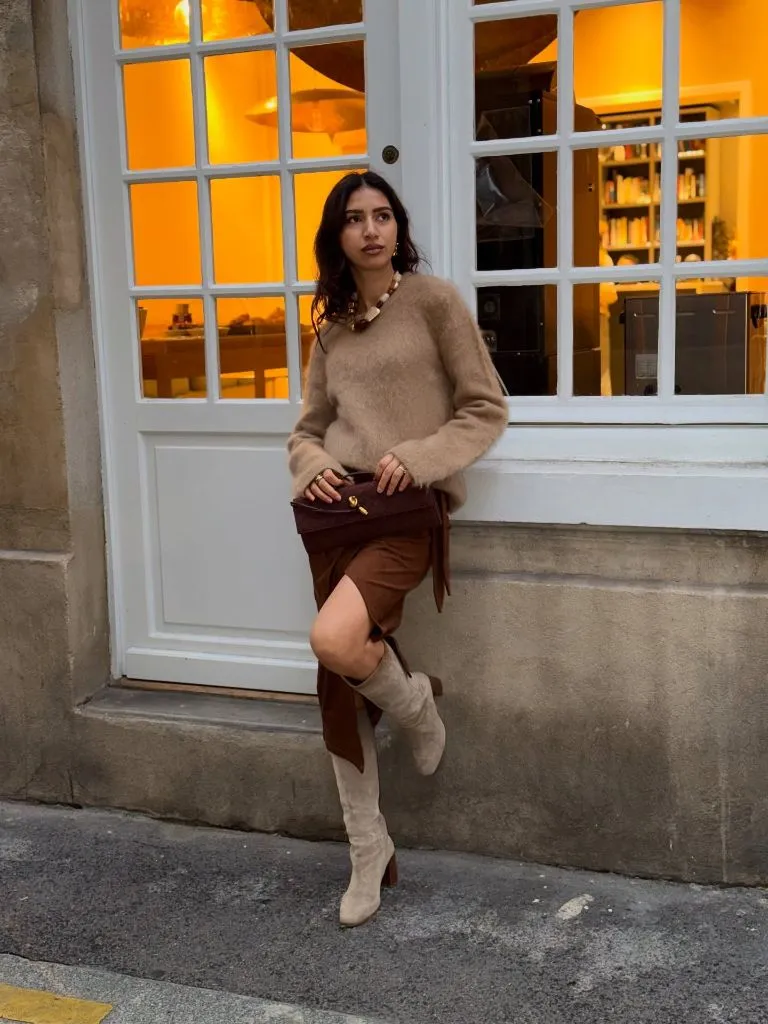 Fall Professional Outfits Women 2026 Camel Sweater With Suede Skirt And Tall Boots