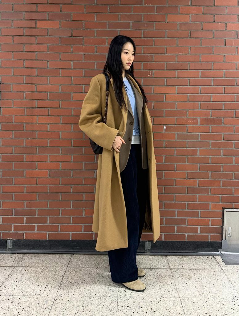 Nice Fall Outfits 2026 Camel Wool Coat Over Corduroy Trousers for Layered Warmth